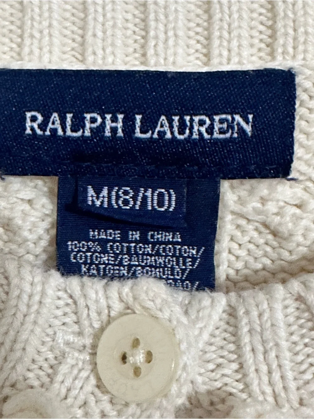 Ralph Lauren Girls Cable Knit Sweater Size M (10) Ivory Cotton Ruffle Henley Pin